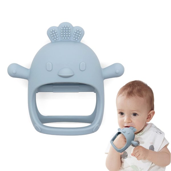 Chick Shape Baby Teething Toys, Never Drop Hand Wrist Teether, Baby Chew Toys for Sucking Needs, Food-Grade Silicone Baby Mitten Teether for Soothing Teething Pain Relief, Easy to Grip (Dusty Blue)