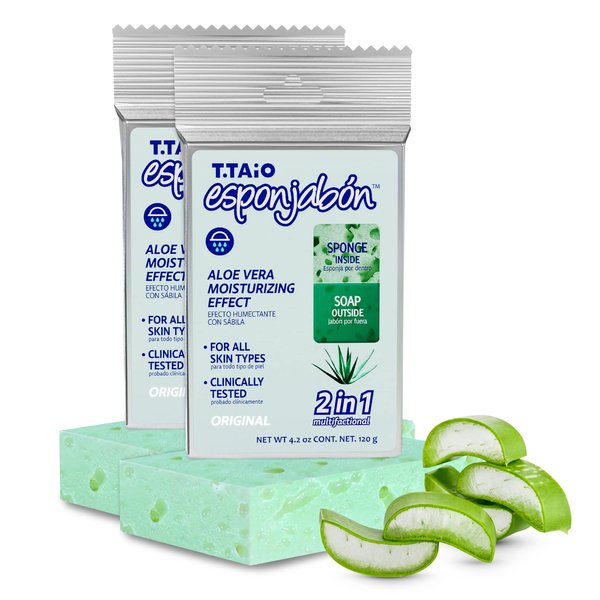 T.Taio Esponjabon Aloe Vera Soap Sponge - Gentle Shower Scrubber - Cleaning Bath Wash Scrub - Dirt & Oil Removal - Massage & Lather Foot, Elbow, & Face - Bathroom Accessories - Fresh Scent