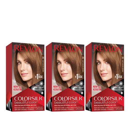 REVLON Colorsilk Beautiful Color Permanent Hair Color with 3D Gel Technology & Keratin, 100% Gray Coverage Hair Dye, 54 Light Golden Brown, 3 Pack