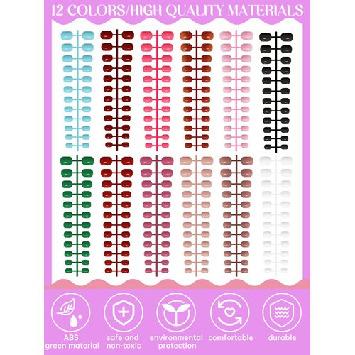 288 Pieces Kids Short Glossy Press on Nails, TOROKOM Children False Nails 12 Colors Acrylic Nails Art Tip for Kids Short Square Full Cover Fake Nails for Girls Kids
