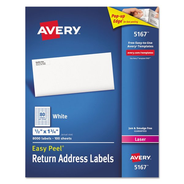 Avery Address Labels with Sure Feed for Laser Printers, 0.5" x 1.75", 8,000 Labels, Permanent Adhesive (5167)