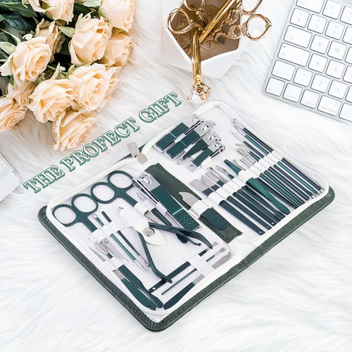 WOAMA Manicure Set Nail Clippers 30-piece Pedicure Kit Manicure Tools Nail Manicure Kit with Green Travel Case for Home, Workplace, Gift, Beauty Salon