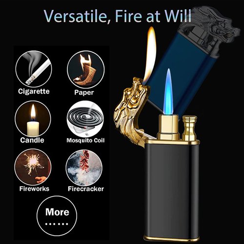 Magic Dual Flame Dragon Lighter, Dragon Dual Fire Lighter, Creative Windproof Dragon Torch Lighter, Cool Dual Jet Flame Butane Lighter, Refillable Butane Lighter for Outdoor Indoor(Black)