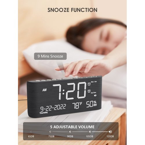 Digital Clocks for Bedrooms, Wooden Alarm Clock with Temperature and Humidity,Dual Alarm,Weekday/Weekend Mode,Snooze,USB Charger,Adjustable Brightness & Volume,Electric Clocks for Living Room Office