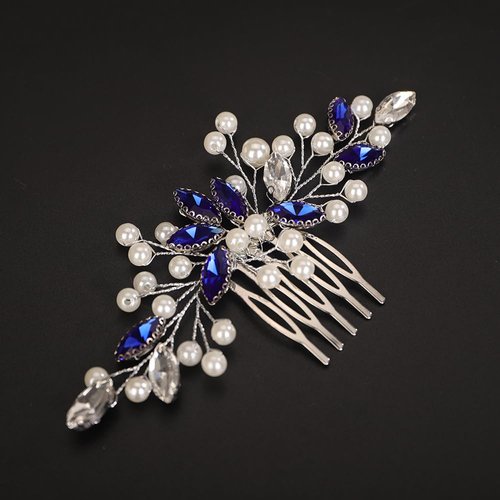 Teyglen Rhinestone Wedding Hair Comb Blue Crystal Pearl Hair Piece Bridal Crystal Side Comb for Bride Wedding Headpiece Hair Accessories for Women Girls
