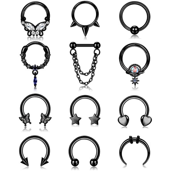 FIBO STEEL 16G Septum Ring for Women Dangle Septum Jewelry Hinged Nose Rings Surgical Steel Star Heart Horseshoe Daith Tragus Helix Cartilage Hoop Earrings Septum Piercing Jewerly Black