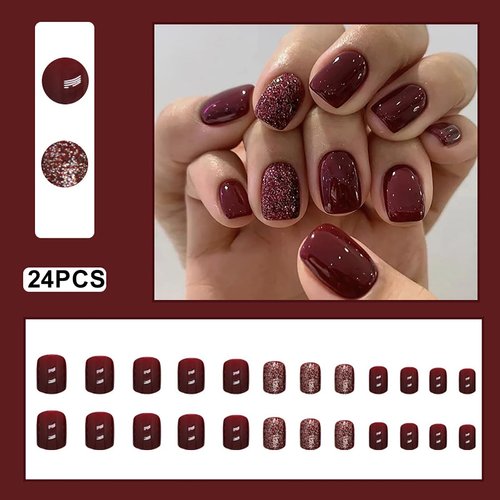 Red Press on Nails Short Square JUKUPOA Fake Nails Glossy False Nails with Glitter Design Glue on Nails Short Full Cover Acrylic Artificial Stick on Nails for Women Girls Manicure 24Pcs