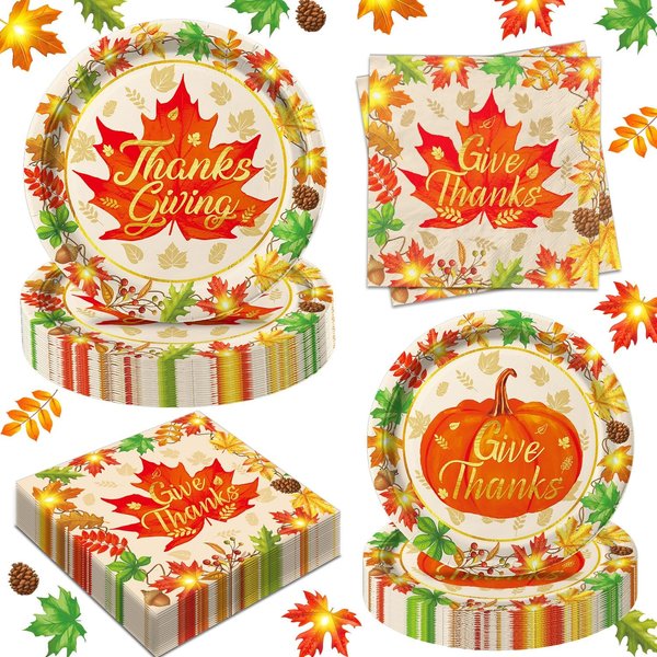 Thanksgiving Party Supplies Kit, Serves 48 Thanksgiving Party Decorations Includes Dinner Plates, Dessert Plates, Napkins for Harvest Thanksgiving Party Tableware Supplies Holiday Decorations