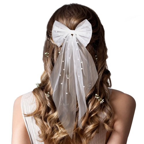 OIIKI Pearl Bridal Hair Bow Clip Veil, White Hair Bow Bridesmaid Favors, Bride Hair Accessories Shower Gift Bachelorette Party Decorations