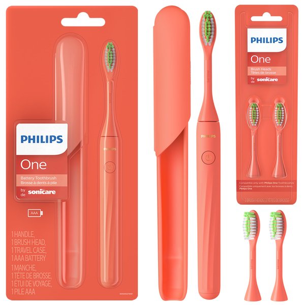 PHILIPS Sonicare One by Sonicare Battery Toothbrush, Brush Head Bundle, Miami Coral, BD1001/AZ