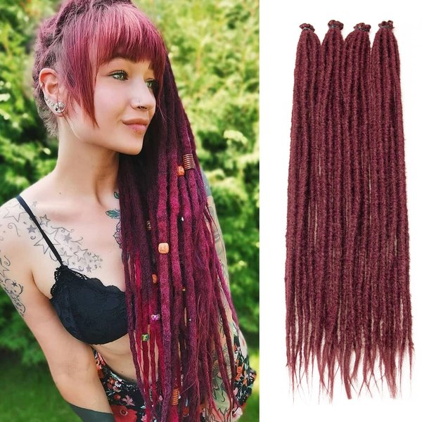 Dreadlock Extensions 24inch Single Ended Hippie Dreads Extension 20 Strands Red Synthetic Dreads Extensions 0.6cm Locs Extensions Boho Reggae Style Crochet Braiding Hair For Women And Men