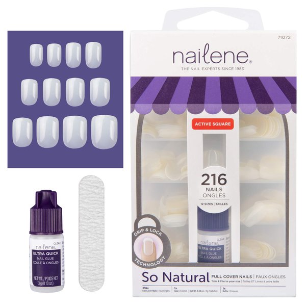 Nailene So Natural Artificial Nails, Undecorated – Fake Nail Kit with 216 Nails (12 Sizes) and Nail Glue Included – Designed for Comfort & Natural Look – False Nails with up to 7 Days of Wear