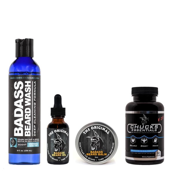Badass Beard Care Growth Kit for Men Consists of Beard Oil, Balm or Wax, Beard Wash & The Bearded Mans Multivitamin - Natural Ingredients & Keeps Beard Full, Soft and Healthy