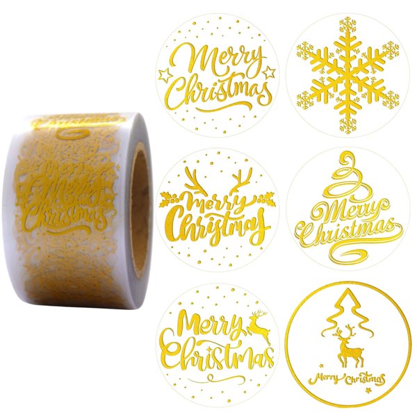 Masper 1.5 Inches/600 Sheets Merry Christmas Stickers in 6 Clear Gold Foil Designs for Christmas Decorations Envelopes Cards Sealing Craft Decor