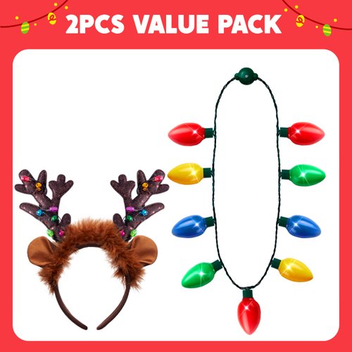 JOYIN 2PCS Christmas LED Necklace and Reindeer Headband, Light Up Christmas Necklace with 9 Bulbs, Christmas Headwear Christmas and Holiday Parties Xmas Costume Accessories Christmas Party Favors.