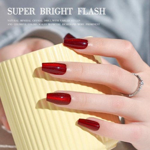Red Press on Nails Medium Square Fake Nails Wine Red Cat Eye False Nails Shiny Glitter Glue on Nails Full Cover Coffin Acrylic Nails Handmade Nails Press Ons Reusable Nails for Women Manicure 24Pcs
