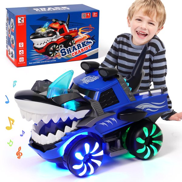 Shark Toys for Baby, Monster Trucks for Toddlers 2-4 Flashing Light Up Shark Car with Music, Baby Blue Shark Monster Trucks Toys for Toddlers 1 3 4 5 6 Year Boys Kids Christmas Birthday Gift