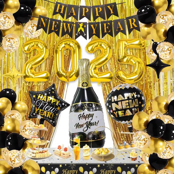 New Years Eve Party Supplies 2025, Happy New Year Decorations 2025 Kit, Gold and Black Balloons Supplies with 2025 Foil Balloons Happy New Year Banner Gold Fringe Curtains Backdrop for NYE Decorations