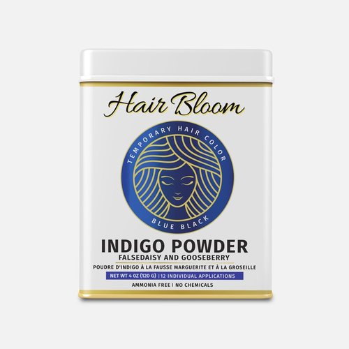 Hair Bloom Natural Blue Black Hair Color- Herbal Indigo w/False Daisy & Gooseberry Hair Color Powder- 12 individual sachets (10 gm each)- Reusable Brush & Tray Included by Pride of India