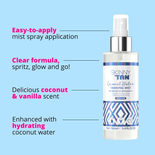 Skinny Tan Coconut Water Tanning Mist - Refreshing, Non-Sticky, and Fast Absorbing Formula - Formulated with Ultra-Hydrating Coconut Water - Delicious Tropical and Vanilla Scent - Medium - 5 oz