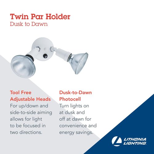 Lithonia Lighting OFTH 300PR 120 P WH M12 Adjustable Twin Par Outdoor Flood Light Holder, Photocell Dusk to Dawn Sensor for Backyard Lighting, 120 Volts, Uses 2 Lamps Up to 150W (Not Included), White