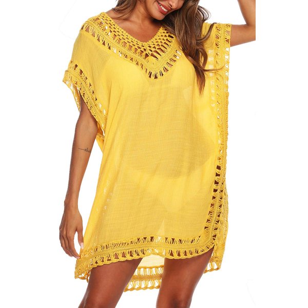 SIAEAMRG Swimsuit Cover Ups for Women, V Neck Hollow Out Swim Coverup Crochet Chiffon Summer Beach Dress (Yellow, One-Size)