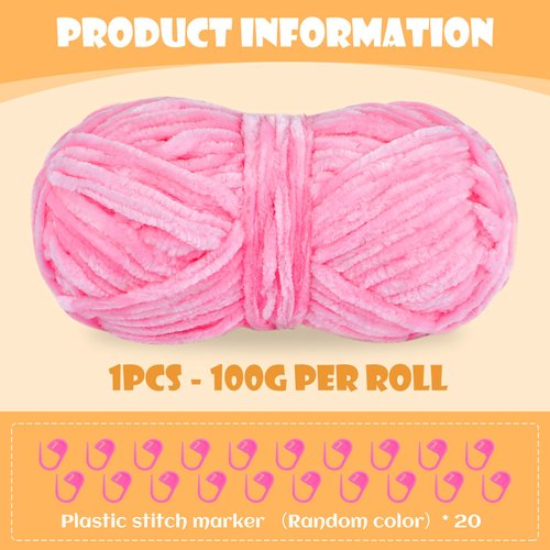 Ftyiwu 100g Chenille Yarn, Blanket Yarn for Knitting, Soft Chenille Yarn, Crochet Yarn for DIY Craft, Making Sweater, Hat, Blankets (Pink)