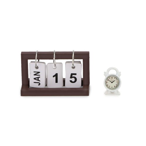 Dollhouse Desk Calendar & Alarm Clock 2Pcs Miniature Three-Dimensional Calendar Model for DIY Craft Standing Flip Monthly Calendar Doll House Accessory Props Bedroom Decor Ornaments (Brown)