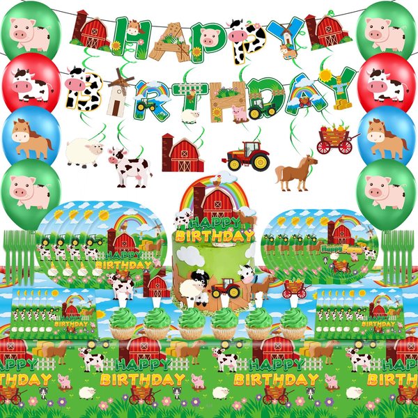 Farm Animals Party Supplies,Farm Barn Animal Themed Party Decorations & Tableware Set,Include Banner,Hanging Swirl,Balloons,Plates,Napkins,and More,for Farm Animals Theme Birthday Party Decorations