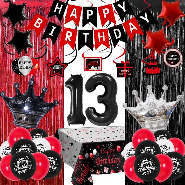 13th Birthday Decorations for Girls Boys Red Black, Happy 13th Birthday Decorations boy and Girl-HAPPY BIRTHDAY Banner 13 Balloon Numbers Crown Balloon for 13 Year Old Boy Birthday Decorations