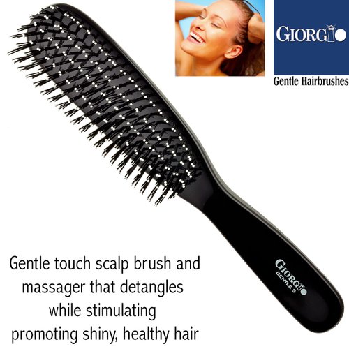 Giorgio Gentle GIO3BLK 8.5 inch Gentle Touch Detangler Hair Brush for Men Women and Kids. Soft Bristles for Sensitive Scalp. Wet and Dry for all Hair Types. Scalp Massager Brush Stimulate Hair Growth