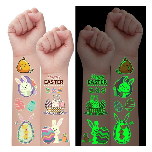 Partywind 132 PCS (12 Sheets) Luminous Easter Temporary Tattoos for Kids Basket Stuffers, Glow Easter Decorations Party Favors Supplies, Easter Games for Toddlers Boys Girls