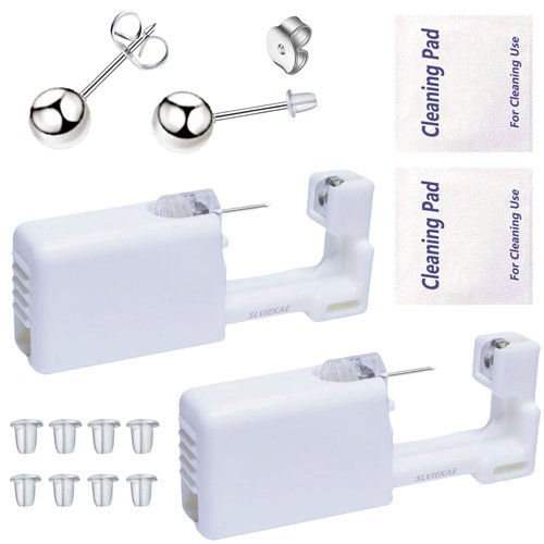 Ear Piercing Kits Disposable Ear Piercing Gun Kits No Pain Easy Use Ear Piercing Gun Kit Tool with Multi-Sized Gold Silver CZ Earring Studs (Silver)