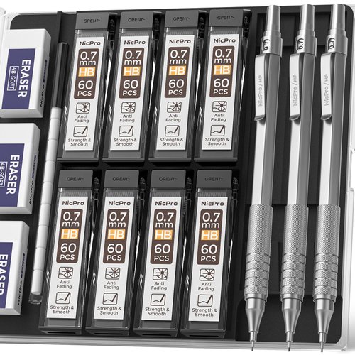 Nicpro 0.7 mm Mechanical Pencils Set with Case, 3 Metal Artist Pencil With 8 Tube HB Lead Refills, 3 Erasers, 9 Eraser Refills For Architect Art Writing Drafting Drawing Engineering, Sketching, Silver