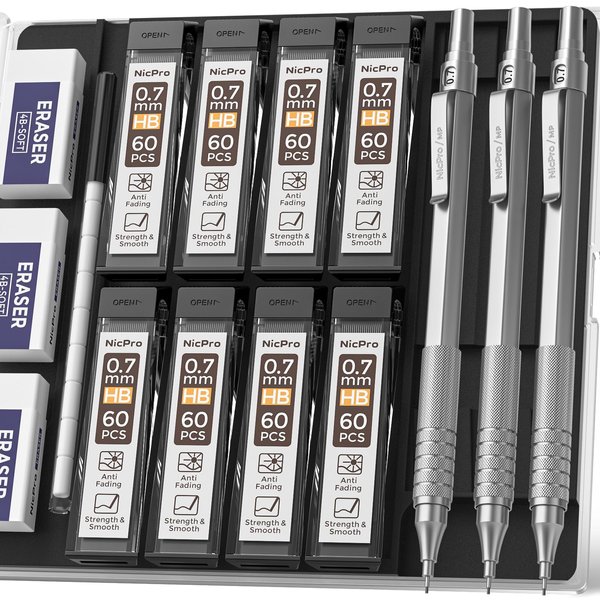 Nicpro 0.7 mm Mechanical Pencils Set with Case, 3 Metal Artist Pencil With 8 Tube HB Lead Refills, 3 Erasers, 9 Eraser Refills For Architect Art Writing Drafting Drawing Engineering, Sketching, Silver