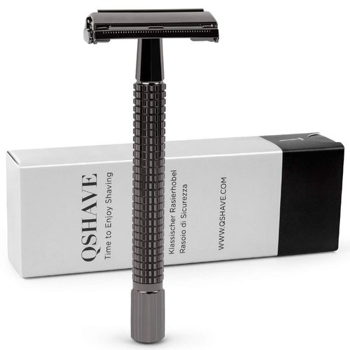 QSHAVE Butterfly Open Long Handle Double Edge Safety Razor for Men or Women, Nostalgic (1 Razor + Leather Protective Sleeve + 5 pcs Titanium Coated Blades)