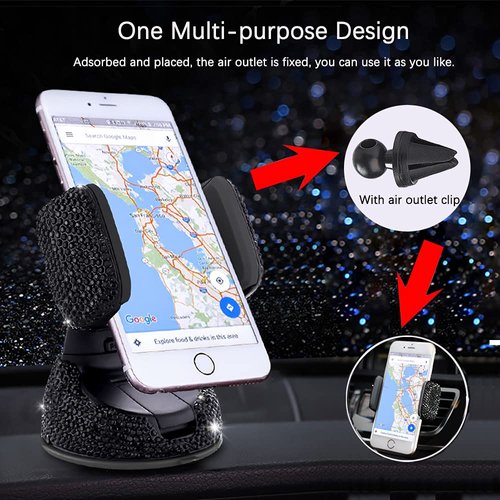 SUNCARACCL Bling Car Phone Holder, 360°Adjustable Crystal Auto Phone Mount Universal Rhinestone Car Stand Phone Holder Car Accessories for Windshield Dashboard and Air Outlet (Black)