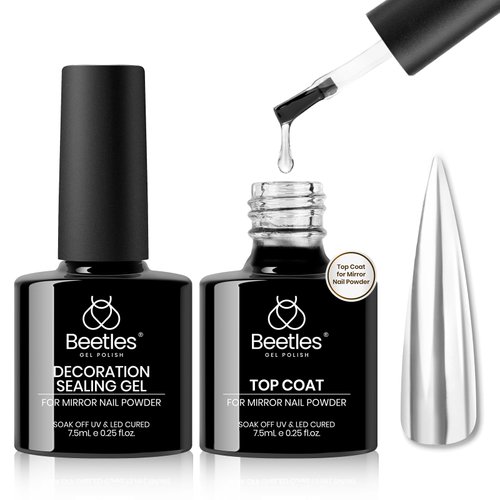 Beetles Gel Top Coat for Chrome Nail Powder and Decoration Sealing Gel, 7.5ml*2PCS Shine Finish and Long Lasting Nail Gel Glue, Soak Off LED Nail Lamp Gel Nail Art Design