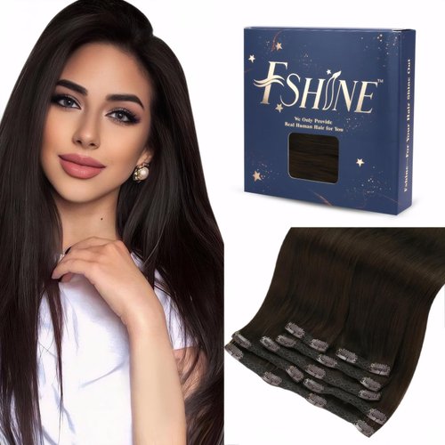 Fshine Brown Clip in Hair Extensions Real Human Hair 16 Inch Dark Brown Hair Extensions Clip in Double Weft Remy Hair Extensions Clip in Silky Straight Hair 120g 7pcs