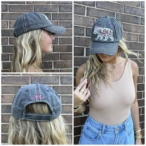 Funky Junque Distressed Baseball Cap Vintage Dad Hat - Mama Bear Lace (Black)
