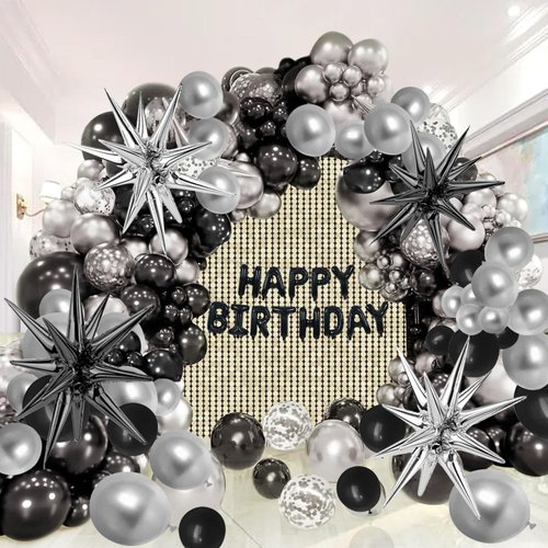 161PCS Silver and Black Balloons 5/10/12/18, Balloon Arch Kit, Happy Birthday Balloons and Silver Star Balloons, Reusable Balloons for Women, Men, Boys and Girls Birthday Decoration Party Supplies