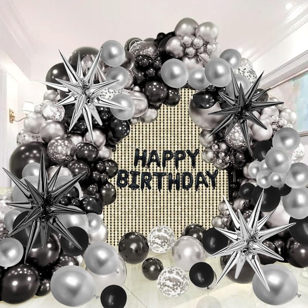 161PCS Silver and Black Balloons 5/10/12/18, Balloon Arch Kit, Happy Birthday Balloons and Silver Star Balloons, Reusable Balloons for Women, Men, Boys and Girls Birthday Decoration Party Supplies