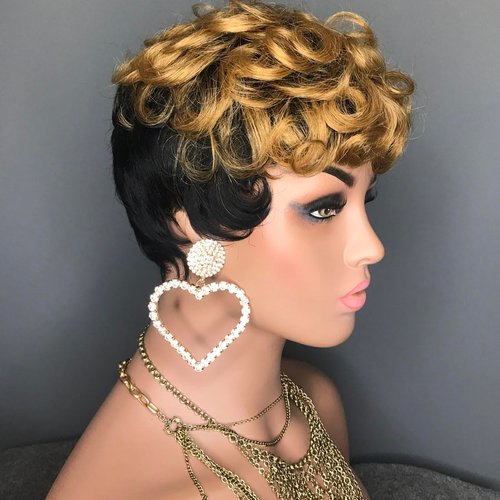 MELANNA Short Curly Wigs for Black Women Pixie Cut Wig Human Hair Short Blonde Pixie Wig Short Wigs Human Hair Natural Curly Short Human Hair Wigs Ombra 1b/27