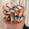 Extra Long Press on Nails Coffin Acrylic Nails Summer False Nails with Rainbow Glitter Designs Full Cover Fake Nails Glossy Stick on Nails for Women 24 Pcs
