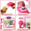 Pretend Play Calculator Cash Register Toy Gift for Kids Girls Age 3, 4, 5, 6, 7, 8+ Year Old, 57 Pcs Pink Grocery Store Playset, Incl Microphone, Credit Card, Scanner, Fake Food, Play Money for Kids