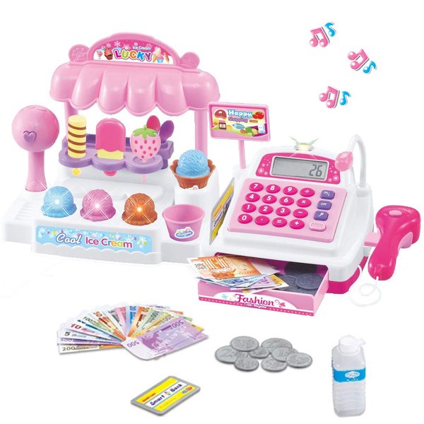 Ice Cream Store Mini Cash Register with Pretend Play Desserts, Working Scanner, Calculator, Microphone, Money and Credit Card