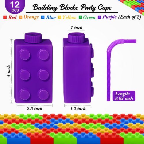 Building Blocks Cups 10 oz Reusable Brick Party Kids Cup Plastic Party Cups with Lids and Straws for Block Birthday Party Supplies and Favors (12 Set)