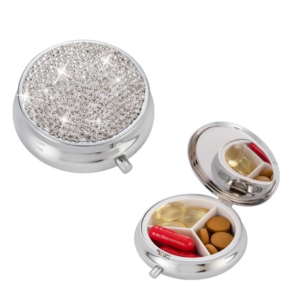 Bling Pill Box, 3 Compartment Medicine Pill Case Holder, Bling Crystal Rhinestones Waterproof Pocket Pill Case ound Medicine Organizer for Vitamin/Fish Oils/Supplement. (Silver)