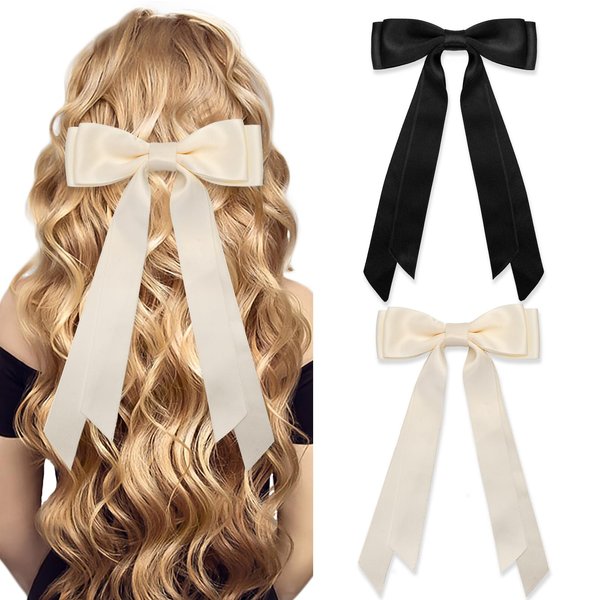 2PC Hair Bows for Women Beige Black Hair Ribbon Bow Ponytail Holder Hair Clips Silky Satin Hair Bows Slide Metal Clips Hair Bow with Long Tail Hair Bow Barrettes Clips for Girls Birthday Gift Teens