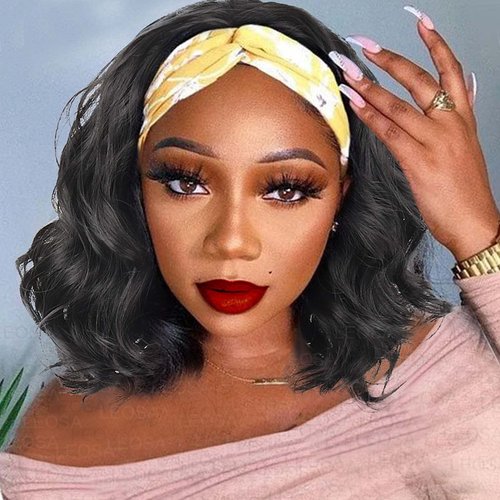 LEOSA Body Wave Headband Wig Loose Deep Wave Wig for Black Women Short Bob Body Wave Headwrap Wig Non Lace Front Wigs Glueless Machine Made Synthetic Headband Wig 12 Inches